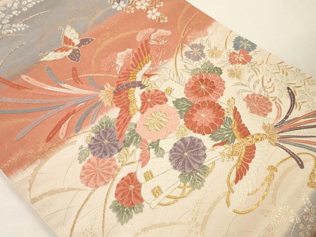 平和屋着物◎六通柄袋帯 唐織 雪芝花鳥文 金銀糸 正絹 逸品 AAAM5357ey