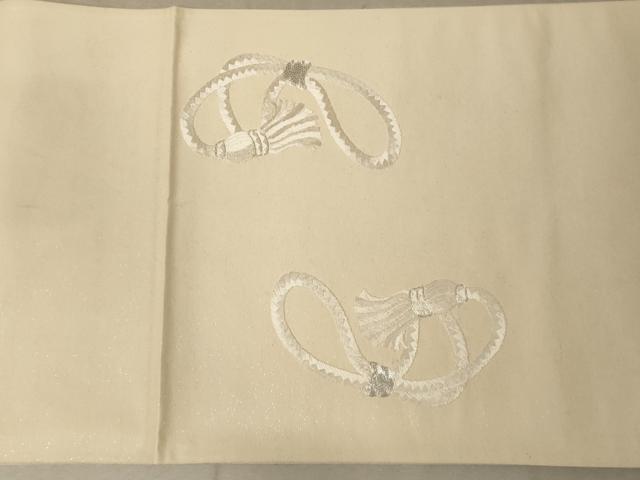 平和屋着物◎太鼓柄袋帯 駒刺繍 総刺繍 紐結び文 銀糸 正絹 逸品 AAAM5644cx