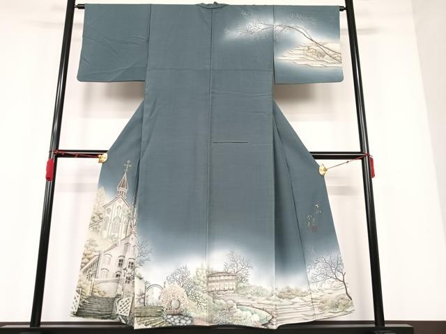 平和屋着物●伝統工芸士 京友禅染色作家 田家鬼彩 訪問着 風景樹林文 暈し染め 正絹 逸品 AAAM5979ph