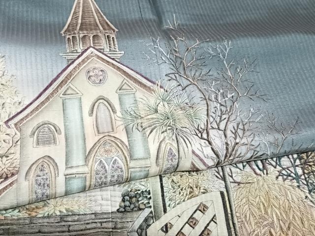 平和屋着物●伝統工芸士 京友禅染色作家 田家鬼彩 訪問着 風景樹林文 暈し染め 正絹 逸品 AAAM5979ph