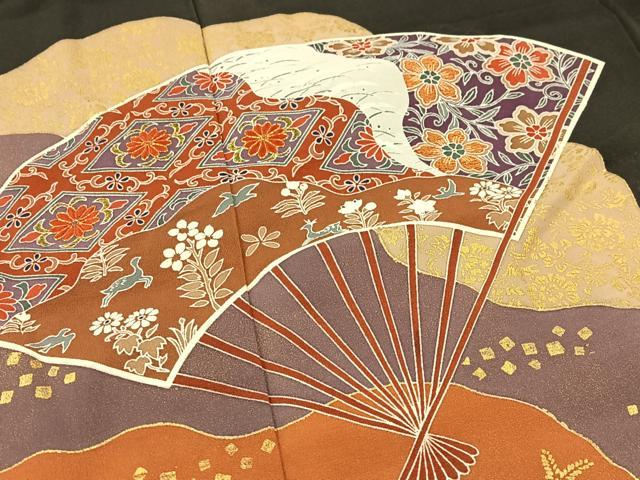 平和屋着物■豪華黒留袖 駒刺繍 扇面花文 金彩 正絹 逸品 AAAM6315sa