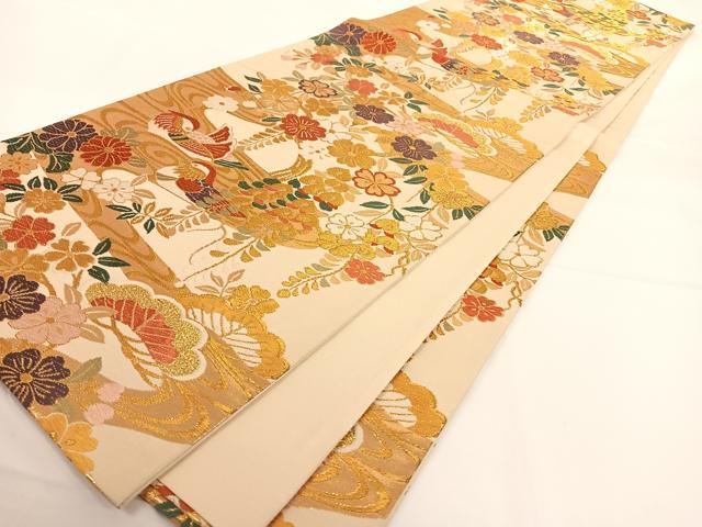平和屋着物◎六通柄袋帯 唐織 流水鴛鴦花文 銀糸 正絹 逸品 AAAM7035ey