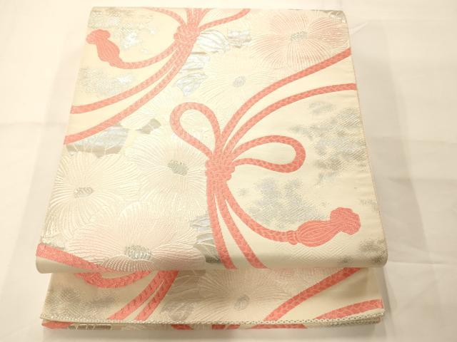 平和屋着物◎六通柄袋帯 唐織 草花紐結び 銀糸 正絹 逸品 AAAM7806fw