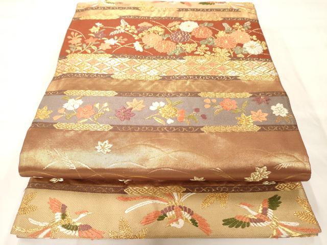 平和屋着物◎六通柄袋帯 唐織 横段鳳凰花文 金糸 引箔 正絹 逸品 AAAM8011jz