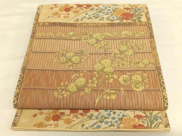 平和屋着物◎六通柄袋帯 横段草花文 金糸 正絹 逸品 AAAM8410wt