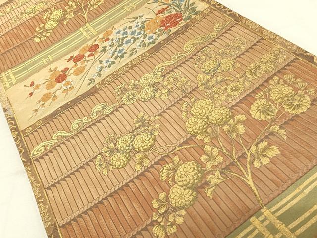 平和屋着物◎六通柄袋帯 横段草花文 金糸 正絹 逸品 AAAM8410wt