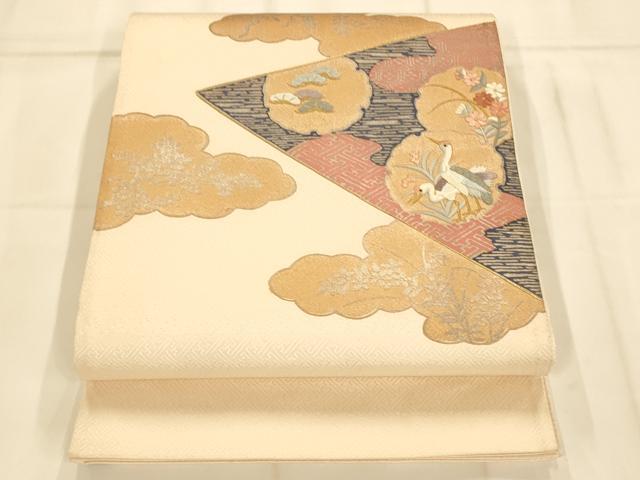 平和屋着物◎太鼓柄袋帯 駒刺繍 総刺繍 雲取り雪輪草花鶴文 金糸 金銀彩 正絹 逸品 AAAM8579fw