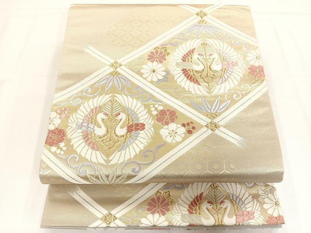 平和屋着物◎六通柄袋帯 向い鶴菱文 金糸 正絹 逸品 AAAM8672yx