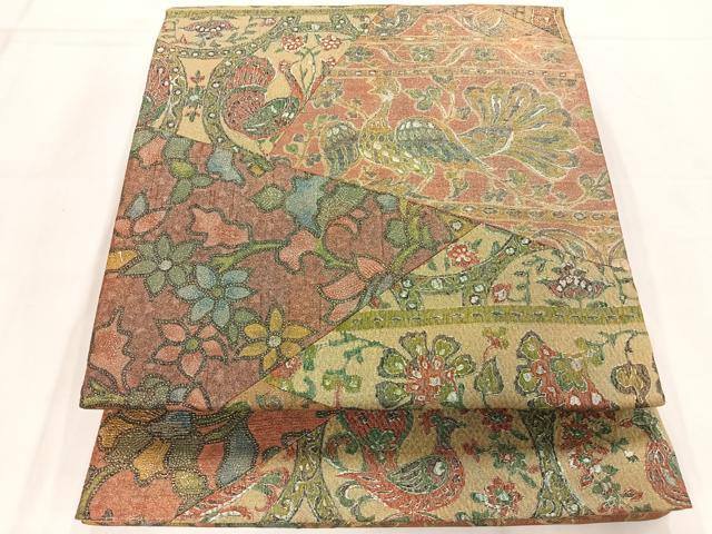 ★着物10★ 1円 逸品!! 絹 袋帯 螺鈿 瑞花文 宝相華 お太鼓柄 九寸帯 長さ448cm [同梱可] ☆☆☆☆☆ ☆着物10☆ 1円 逸品!! 絹 袋帯 銀彩 螺鈿 鳳凰 瑞花