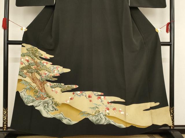 平和屋着物■豪華黒留袖 刺繍 霞松竹梅文 金糸 金彩 正絹 逸品 AAAN0766ja
