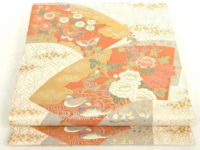 平和屋着物◎六通柄袋帯 地紙鴛鴦花文 金糸 正絹 逸品 AAAN0898ru