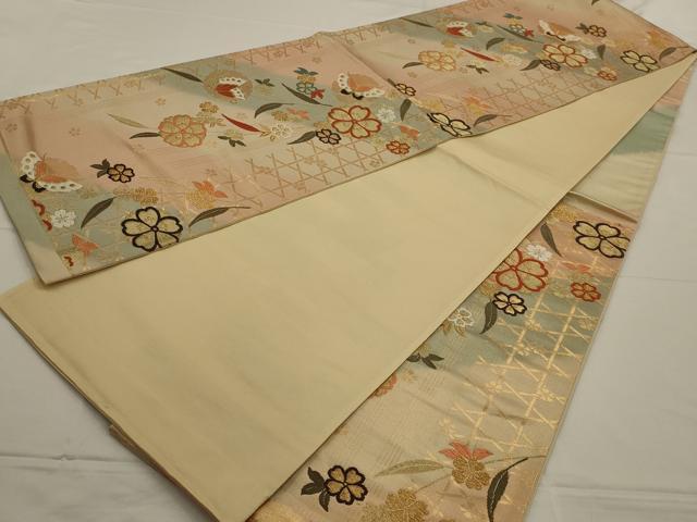 平和屋着物◎六通柄袋帯 唐織 花蝶文 金糸 正絹 逸品 AAAN2259ou