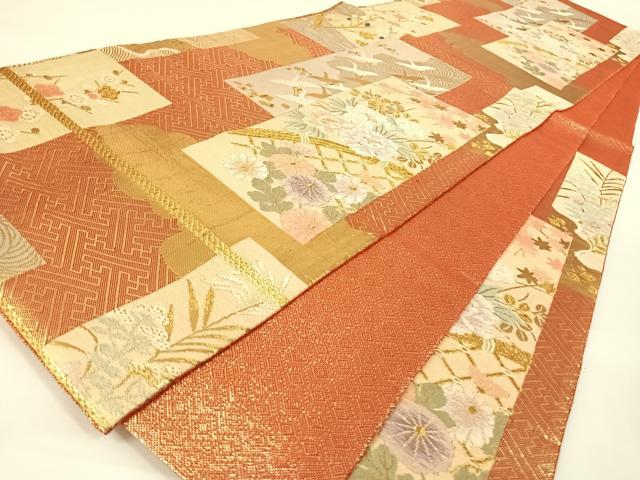 平和屋着物◎佐賀錦 六通柄袋帯 短冊花鳥文 金糸 正絹 逸品 AAAN3279wt