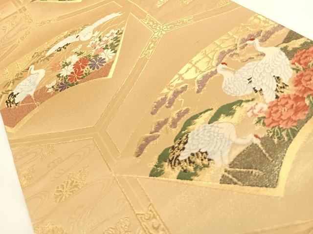 平和屋着物◎六通柄袋帯 唐織 亀甲地紙花鳥文 鶴 金糸 正絹 逸品 AAAN3337wt