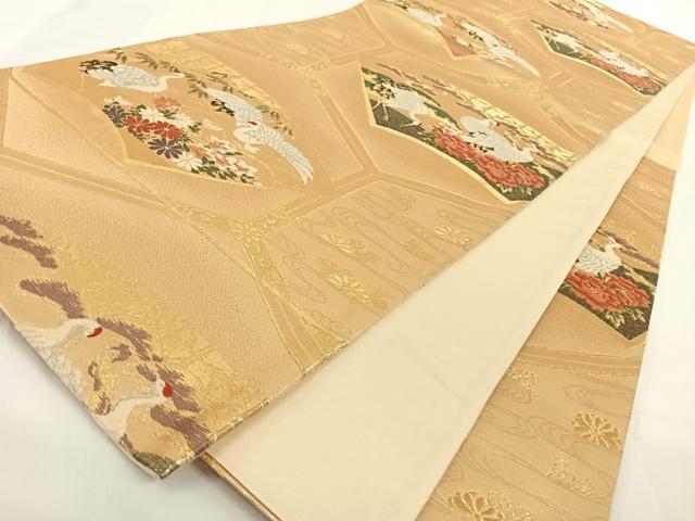 平和屋着物◎六通柄袋帯 唐織 亀甲地紙花鳥文 鶴 金糸 正絹 逸品 AAAN3337wt