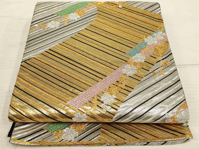 平和屋着物◎六通柄袋帯 斜縞舞花文 黒地 金銀糸 正絹 逸品 AAAN3466tm