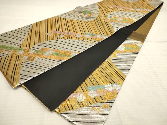 平和屋着物◎六通柄袋帯 斜縞舞花文 黒地 金銀糸 正絹 逸品 AAAN3466tm