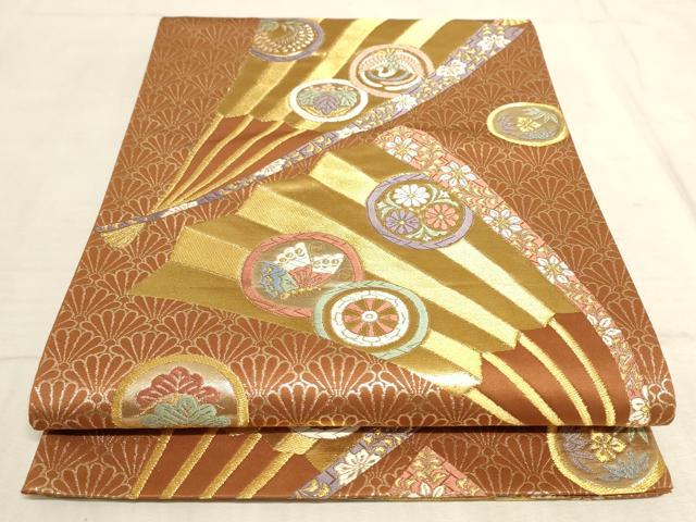 平和屋着物◎六通柄袋帯 唐織 天平錦 扇面花鳥丸文 金糸 正絹 逸品 AAAN4431pf