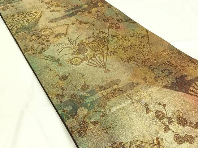 平和屋着物◎六通柄袋帯 扇面御所車文 金糸 引箔 正絹 逸品 AAAN6314jh