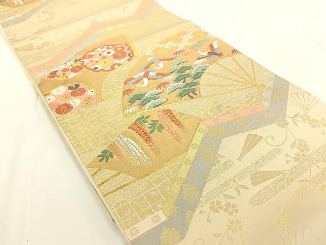 平和屋着物◎六通柄袋帯 唐織 扇面花鳥文 金糸 正絹 逸品 AAAN6552jh