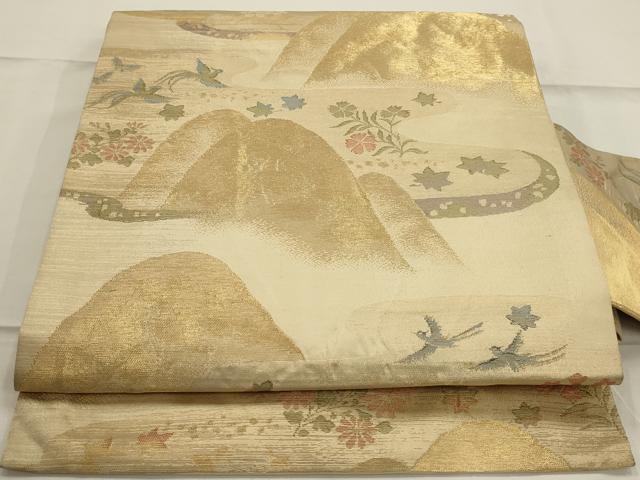平和屋着物◎九寸名古屋帯 重ね山花鳥文 金糸 正絹 逸品 AAAN7249ou