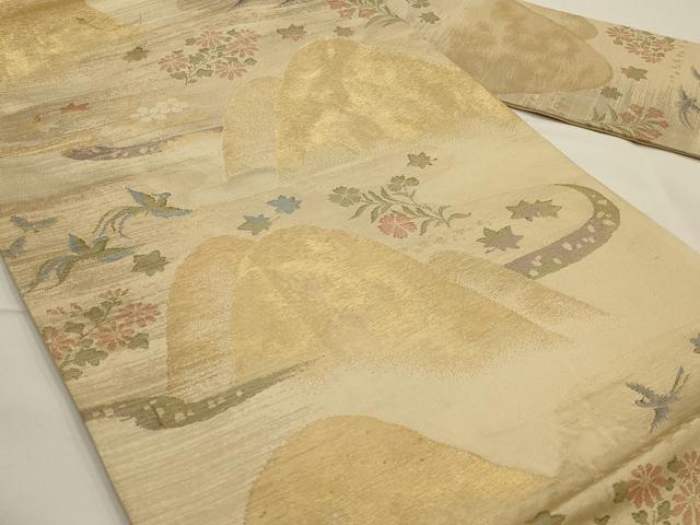 平和屋着物◎九寸名古屋帯 重ね山花鳥文 金糸 正絹 逸品 AAAN7249ou