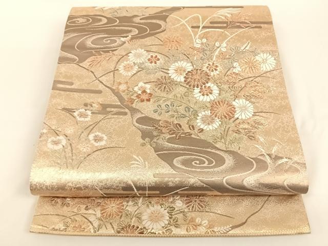 平和屋着物◎六通柄袋帯 流水草花文 金糸 正絹 逸品 AAAN7641wt