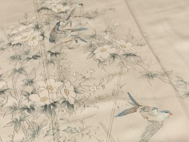 平和屋着物●訪問着 手描き 刺繍 枝花に休み鳥 正絹 逸品 AAAN9280zg