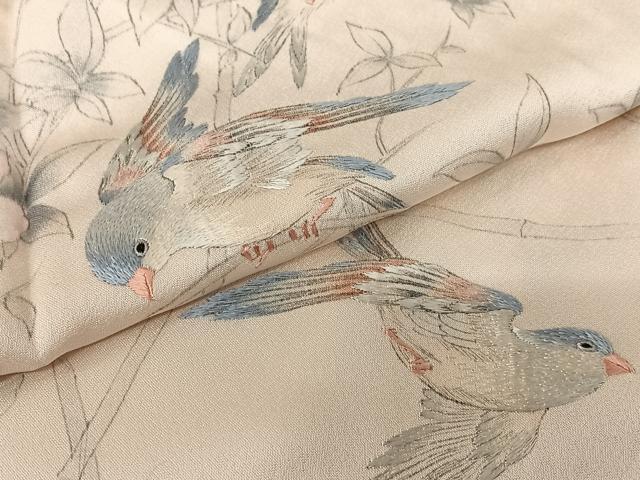 平和屋着物●訪問着 手描き 刺繍 枝花に休み鳥 正絹 逸品 AAAN9280zg