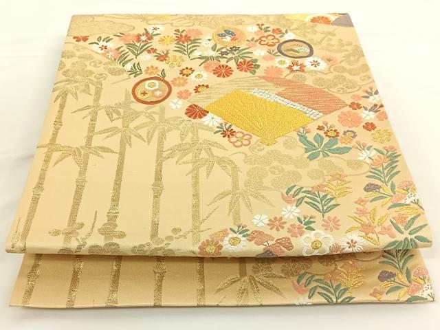 平和屋着物◎六通柄袋帯 扇面花蝶丸文 金銀糸 正絹 逸品 AAAN9910jh