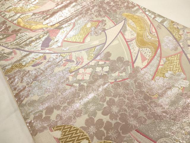 平和屋着物◎六通柄袋帯 唐織 熨斗飛鶴舞花文 金銀糸 正絹 逸品 AAAO0075jz