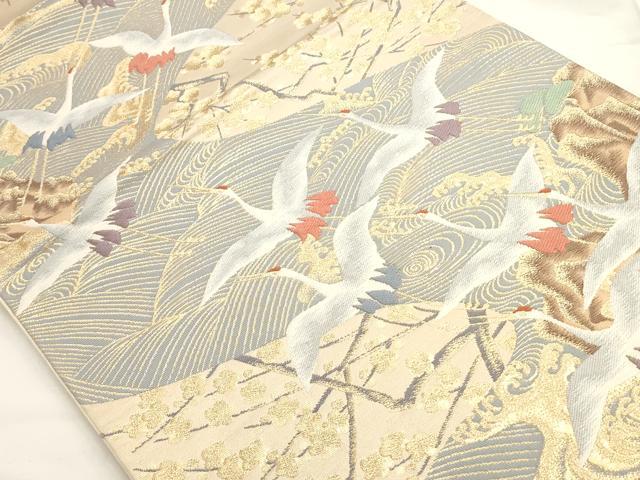 平和屋着物◎六通柄袋帯 飛鶴枝梅文 金糸 正絹 逸品 AAAO0158ru