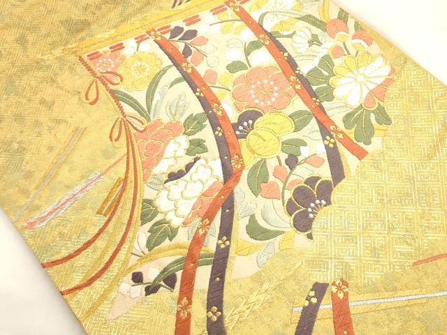 平和屋着物◎六通柄袋帯 唐織 几帳草花文 本うるし箔 正絹 逸品 AAAO0166ru