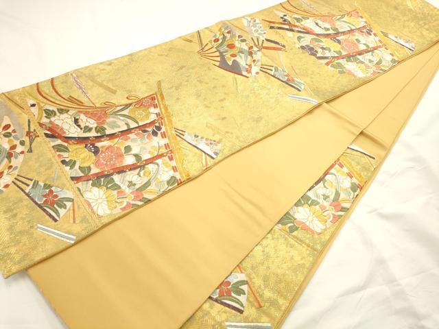 平和屋着物◎六通柄袋帯 唐織 几帳草花文 本うるし箔 正絹 逸品 AAAO0166ru