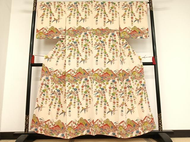 平和屋着物●付下げ 紅型 型染め 遠山風景花鳥文 正絹 逸品 AAAO0556oa
