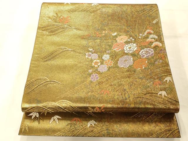 平和屋着物◎六通柄袋帯 唐織 草花流水文 金糸 正絹 逸品 AAAO1003fw