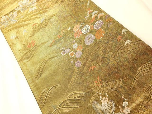 平和屋着物◎六通柄袋帯 唐織 草花流水文 金糸 正絹 逸品 AAAO1003fw