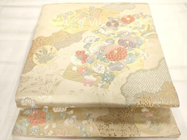 平和屋着物◎六通柄袋帯 地紙重ね草花文 金糸 正絹 逸品 AAAO1081jz