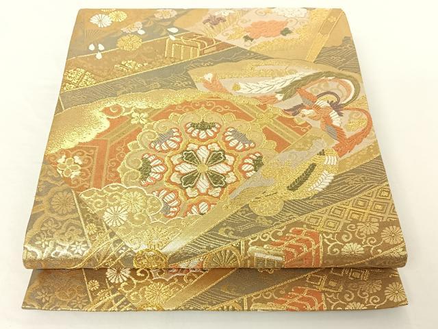 平和屋着物◎六通柄袋帯 吉祥福禄寿 檜扇花鳥文 金糸 正絹 逸品 AAAO2335jh