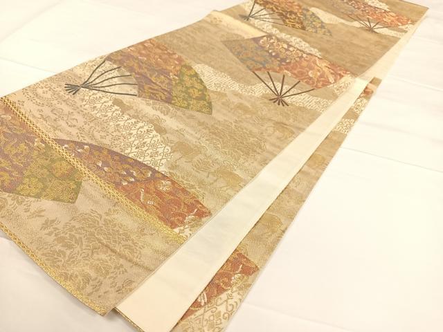 平和屋着物◎六通柄袋帯 扇面鳥獣花文 金糸 正絹 逸品 AAAO3680ey