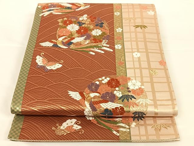 平和屋着物◎六通柄袋帯 唐織 流水花鳥丸文 金糸 正絹 逸品 AAAO3694ey