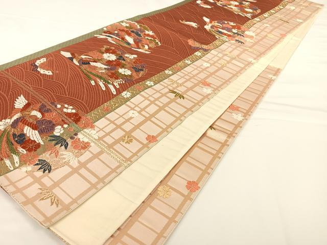 平和屋着物◎六通柄袋帯 唐織 流水花鳥丸文 金糸 正絹 逸品 AAAO3694ey