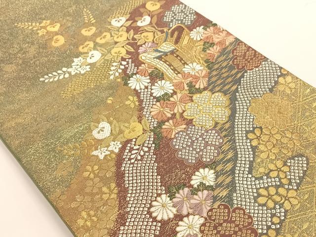 平和屋着物◎六通柄袋帯 エ霞草花文 金糸 正絹 逸品 AAAO3705ey