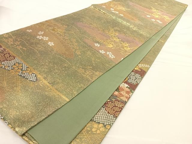 平和屋着物◎六通柄袋帯 エ霞草花文 金糸 正絹 逸品 AAAO3705ey