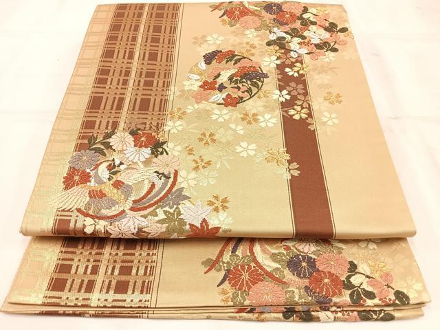 平和屋着物◎六通柄袋帯 花鳥文 金糸 正絹 逸品 AAAO4637yx