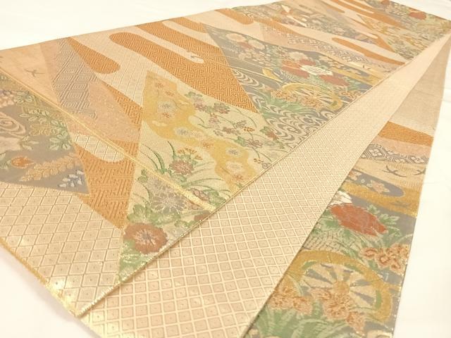 平和屋着物◎佐賀錦 六通柄袋帯 切嵌草花文 金糸 正絹 逸品 AAAO4852wt