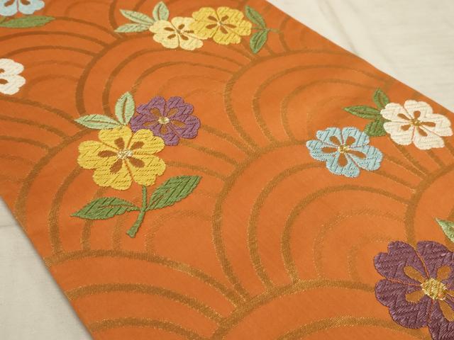 平和屋着物◎六通柄袋帯 唐織 花 青海波 金糸 正絹 逸品 AAAO5094sx