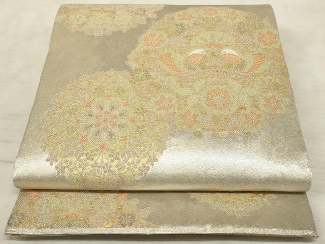 平和屋着物◎六通柄袋帯 向い鴛鴦花文 金糸 引箔 正絹 逸品 AAAO5274sx