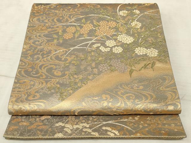 平和屋着物◎六通柄袋帯 流水花文 金糸 正絹 逸品 AAAO5295sx