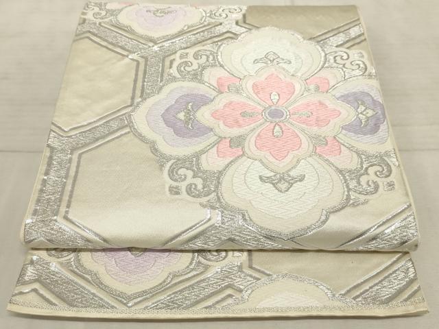 平和屋着物◎六通柄袋帯 唐織 亀甲花文 銀糸 正絹 逸品 AAAO5326sx